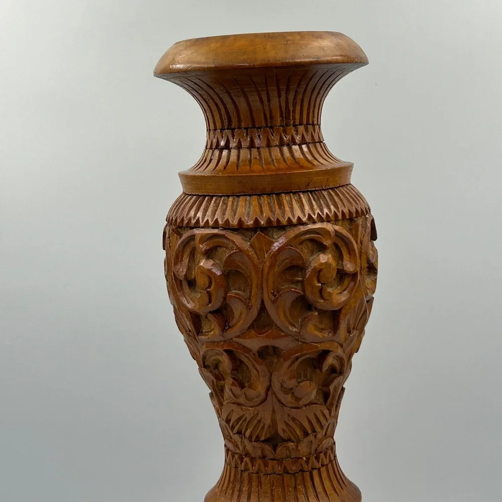 VTG Hand Carved Wood Pillar Candlestick 15